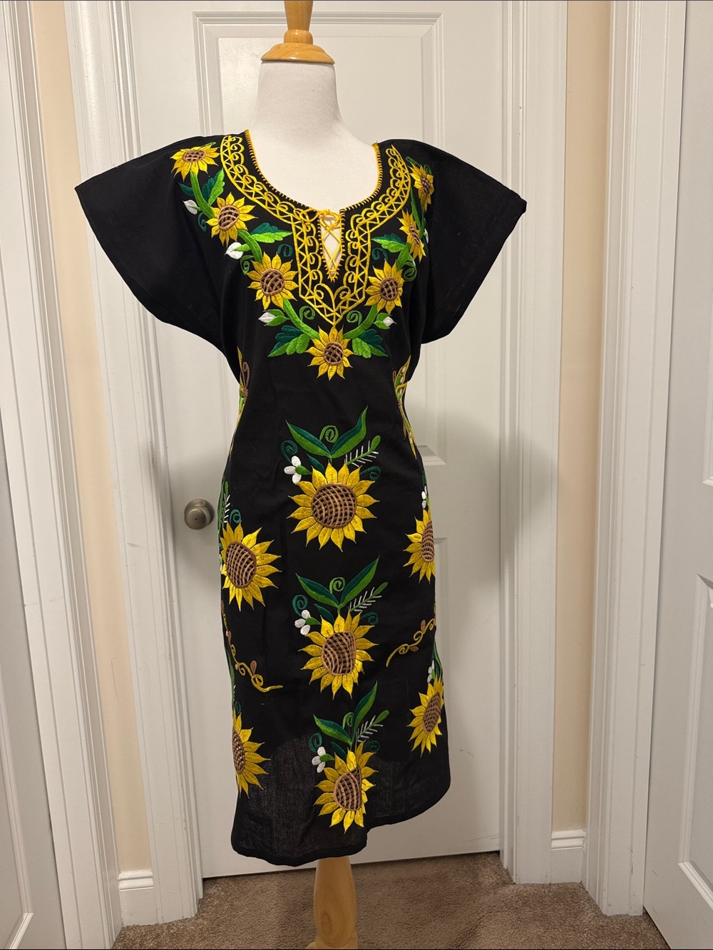 Handmade Floral Embroidered Mexican Dress Sunflowers